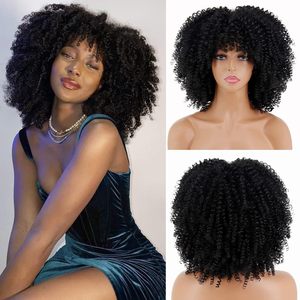 Perruques afro courtes bouclées de 14 pouces pour femmes noires, perruque afro bouclée crépue avec frange, fibre synthétique, perruque complète - Product Image 1