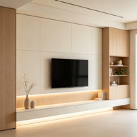 Meuble TV mural de luxe sur mesure avec fond en marbre et éclairage LED pour projets de personnalisation de salons modernes et luxueux