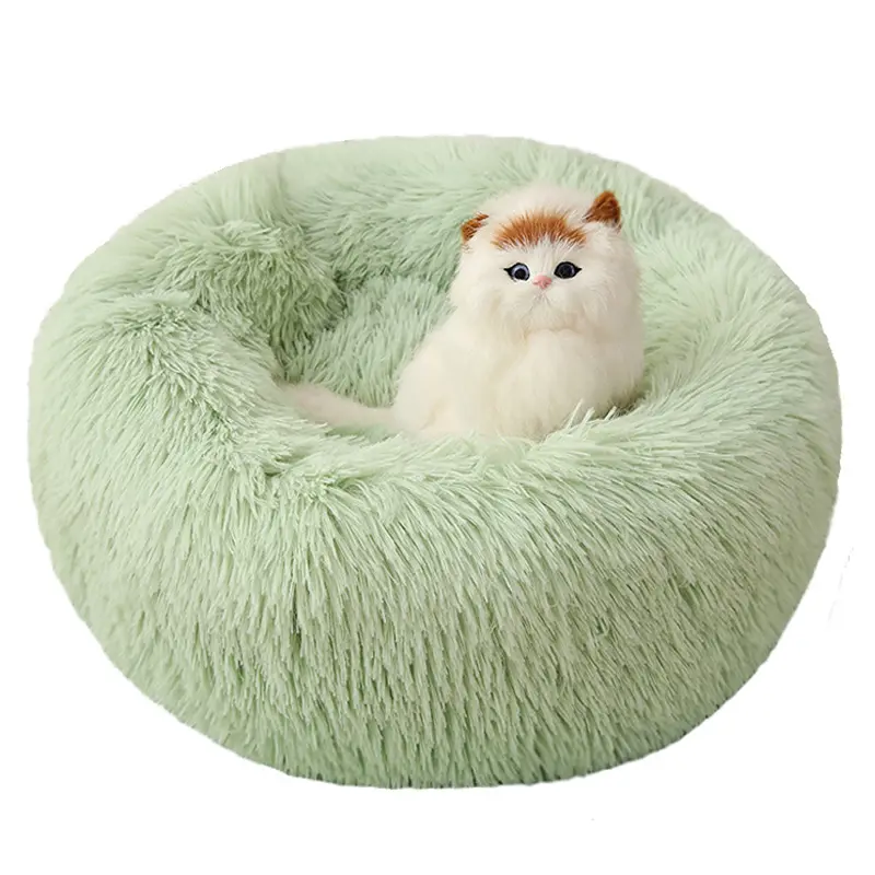 Sustainable Removable Pet Cushion Soft Luxury Long Plush Comfortable Round Donut Cat Dog Bed Plush Pet Bed Hundebett