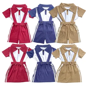 Ruidian Set pakaian 2024 anak laki-laki perempuan, Set seragam sekolah warna Khaki Bib celana pendek balita dua potong
