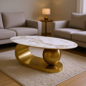 Tavolino da Caffè Ovale Moderno con Base in Acciaio Inox Dorato e Piano in Pietra Sinterizzata 47,2 Pollici per Arredamento Soggiorno - Product Image 2
