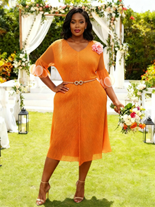 Directo de fábrica al por mayor de las mujeres de <span class=keywords><strong>color</strong></span> sólido elegante Miyaki plisado vestido Floral manga y broche V <span class=keywords><strong>Beck</strong></span> Midi vestido - Product Image 1