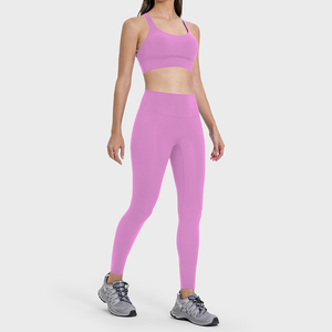 Tuta Fitness Yoga da donna <span class=keywords><strong>Set</strong></span> in due pezzi di pantaloni Top non T-Line a tinta unita abbigliamento sportivo estivo antiurto - Product Image 4