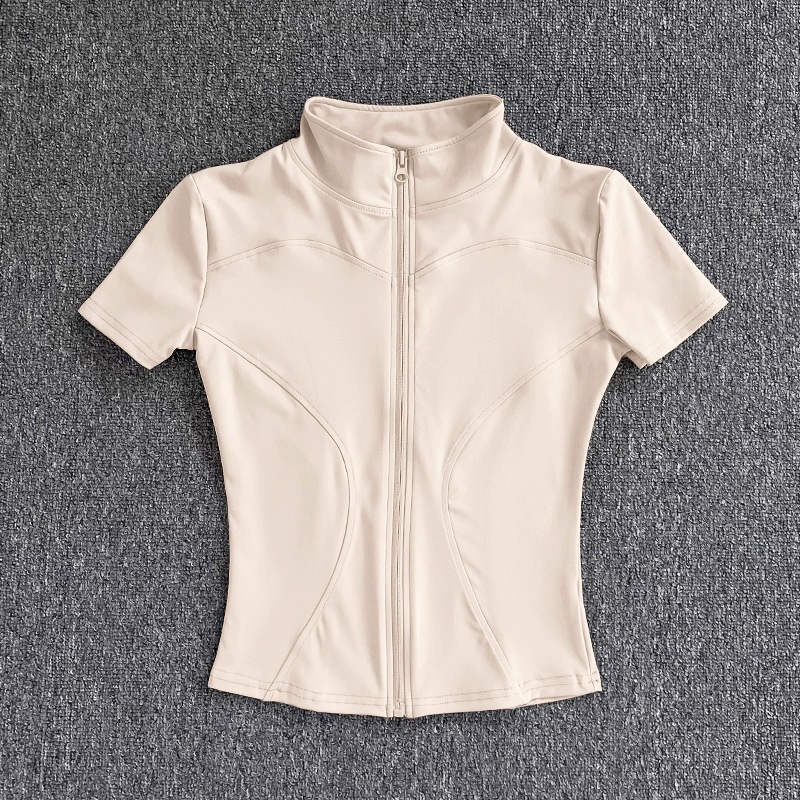 Custom Quick-dry Summer Women's Yoga Stand-up Collar T Shirt Zippered Slim Fit Solid Fast Dry Stretch Workout Women's T Shirt