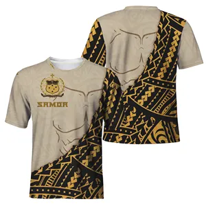 ポリネシアンアメリカンサモア国旗部族ベージュ/イエローパターン特大Tシャツ男性ポリエステルOネックグラフィックTシャツ男性用