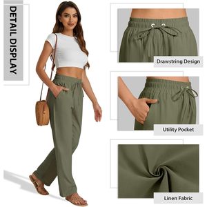 Pantalon décontracté en lin pour femme, taille haute, coupe ample avec cordon de serrage, poches latérales, respirant, style droit, idéal pour l'été - Product Image 6