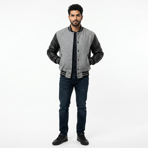 100% Cotton Varsity <b>Jacket</b> <b>Long</b> Sleeves Breathable Knitted Stand Collar Button Closure Winter Front Logo <b>Man</b> - Product Image 1
