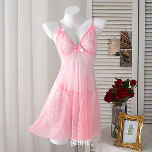 AZA825071浪漫奢华晚装女性性感蕾丝软装丁字裤内衣套装蝴蝶结婴儿透明内衣 - Product Image 1