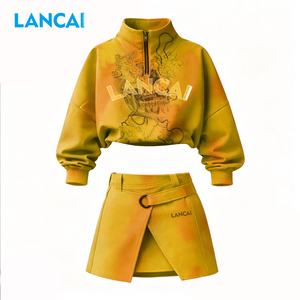 LANCAI Women Streetwear <b>Set</b> Yellow <b>Tie</b> Dye Print Zipper Top With Above Knee Skirt Loose Fit Spring Summer Casual Outfit - Product Image 1