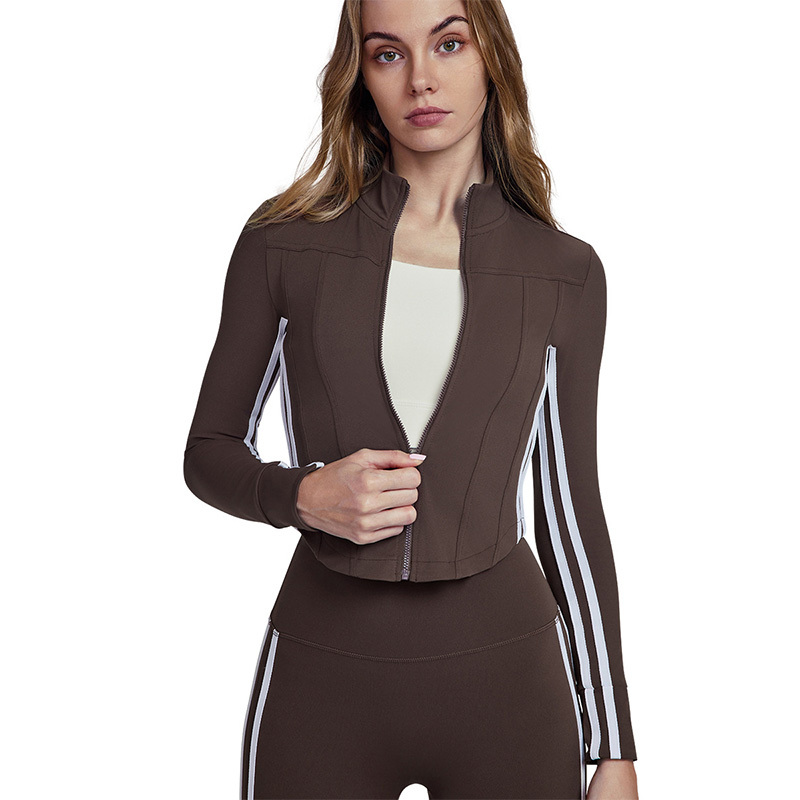 DWJS124106 Women Full Zipper Stand Collar Slim Fit Skinny Stripes Stretchy Breathable Comfortable Yoga Workout Running Jacket