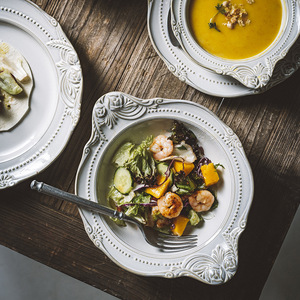 Vintage Baroque Embossed Stoneware <b>Dinnerware</b> <b>Sets</b> Relief Ceramic Plates and Bowls <b>Set</b> - Product Image 2