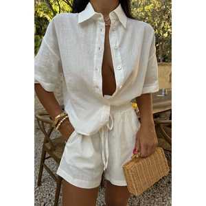 Conjunto Casual de Dos Piezas de Lino Yulia, Tela Estampada y Lisa, Vestido de Cintura Alta con Top Largo, Estilo Diario, Talla XL - Product Image 4