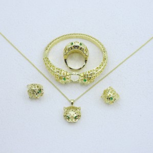 Conjunto de Joyería Fina Chapada en Oro de 14K de la Colección <span class=keywords><strong>Dubai</strong></span>, Cabeza de Leopardo en Malla 3D con Circonita - Product Image 1