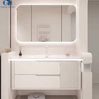 Meuble de salle de bain mural étanche au design unique, en bois massif, avec 2 portes miroir