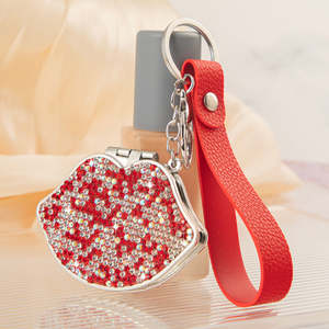 Lip Shaped Rhinestone <b>Compact</b> <b>Mirror</b> Keychain PU Leather Wristlet Strap Dual Sided Glass Pocket Makeup <b>Mirror</b> Bulk Custom Logo - Product Image 5