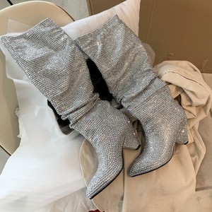 Botas de tacón grueso de 7 cm con diamantes de imitación personalizadas hasta la rodilla para mujer, ideales para damas sexys. - Product Image 1