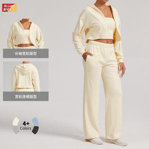 Allure Body Women's Hooded Crop <b>Top</b> And Wide Leg Pants Set <b>Long</b> <b>Sleeve</b> Loose Fit Yoga Wear For Young Women - Product Image 1