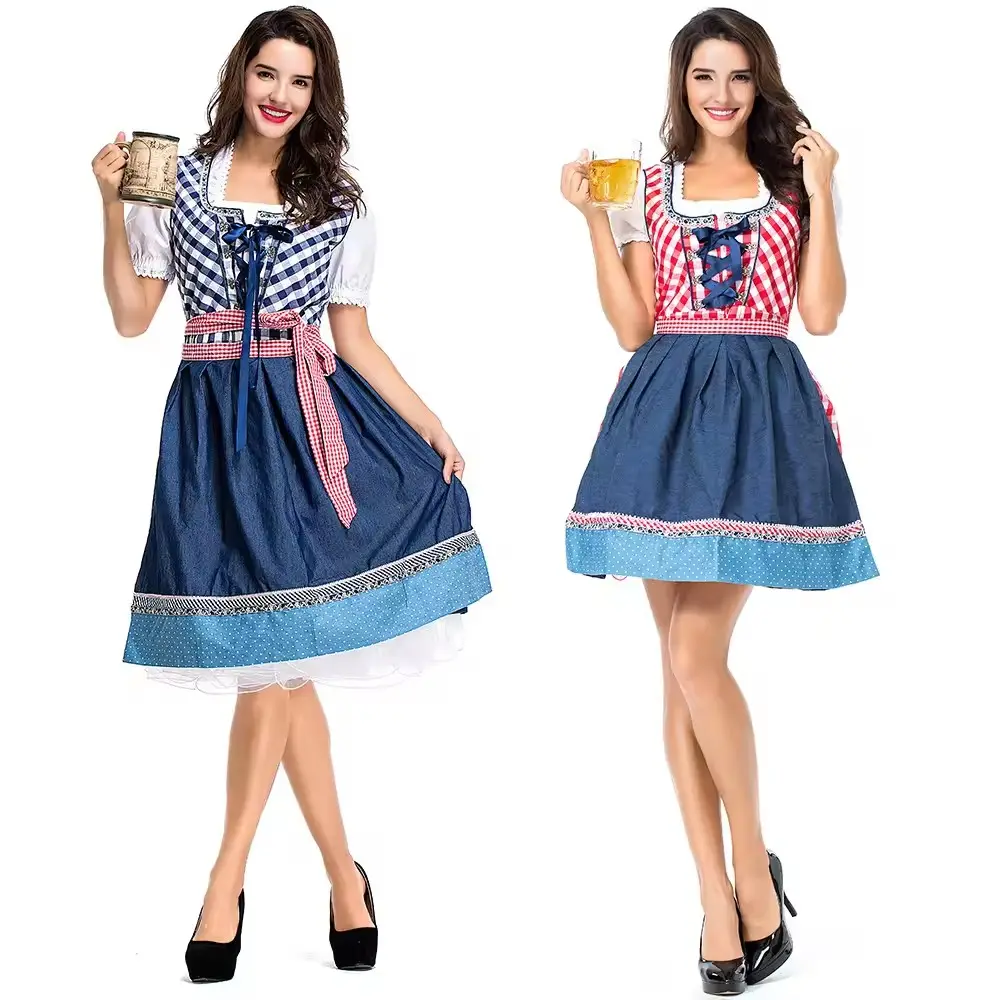 Cheap Adult Oktoberfest Dirndl Dress Costume Women Plaid German Beer Festival Cosplay Bavarian Dress Maid Carnival Fancy Dress