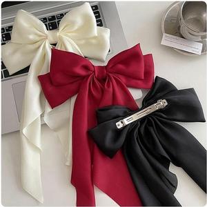 Pinza de pelo estilo coreano con lazo grande, de satén y gasa, de color liso, con cinta larga y fluida, accesorio versátil para el cabello. - Product Image 5