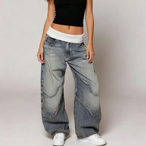 Jeans vintage à jambes larges pour femmes, avec ceinture côtelée patchwork et motifs variés, tendance - Product Image 1