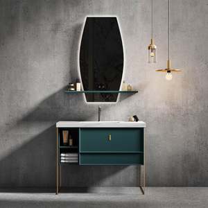 Meuble-lavabo de salle de bain avec pieds en laiton doré flottant bleu mat au design élégant et chic avec miroir LED éclairé - Product Image 2