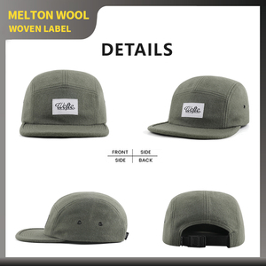 Casquettes de camping à 5 panneaux en laine Melton à bord plat, personnalisées OEM ODM, avec étiquette tissée, unisexes, chaudes pour l'hiver, réglables, pour la course à pied - Product Image 3