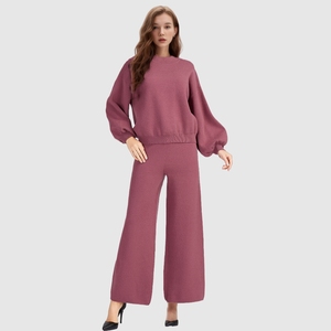 Trend Solid Color Cotton Knitted Lantern Sleeve 2 Piece Clothing Sweater Set for Women Fashion - Product Image 2