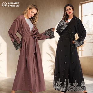 Luxury Fashion Pearls Pretty Flower Applique Hot Sale Elegant V Neck Maxi <b>Long</b> Sleeves Polyester Muslim <b>Eid</b> Women <b>Dresses</b> 2 - Product Image 1