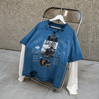 T-shirt à manches longues double couche en coton gaufré délavé et vieilli avec logo personnalisé pour homme