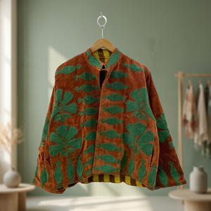 Wholesale Factory Custom <b>Women</b> Heavy Thread Embroidery Terracotta <b>Velvet</b> <b>Jacket</b> Casual Open Front Stand Collar Short Coat OEM - Product Image 4