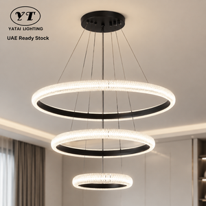 Lustre à trois anneaux en aluminium, LED, intensité variable, télécommande, hauteur réglable, moderne, pour salle à manger et salon - Product Image 1