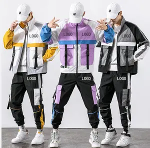 Men Sets Hip Hop Trousers+jacket Suits Fashion High Street Tees Streetwear Joggers Trousers Set Tracksuit