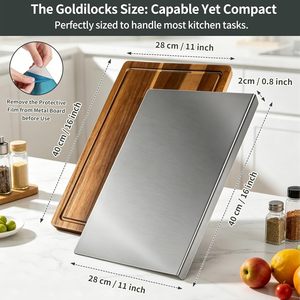 Ensemble de 2 planches <span class=keywords><strong>à</strong></span> <span class=keywords><strong>découper</strong></span> en acier inoxydable et bois d'acacia, compatibles lave-vaisselle, <span class=keywords><strong>avec</strong></span> rebord de comptoir et rainure pour les jus, pour la cuisine - Product Image 3