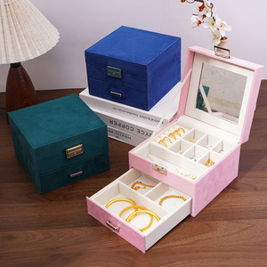 Luxury Suede Double-layer Jewelry Storage <b>Box</b> <b>with</b> <b>Mirror</b> for Earrings Pendant Ring Necklace Bracelet Engagement Wedding Gift - Product Image 2