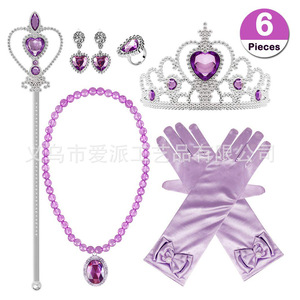 Purple Princess Crown <b>Magic</b> Wand Necklace Earrings Gloves <b>Set</b> 6 Pieces Heart-Shaped Rhinestone Birthday Costume Accessories - Product Image 1