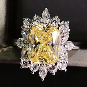 CAOSHI Citrine Yellow Diamond Zircon Ring 925 Silver Plated Flower Shaped Zircon Engagement Romantic Ring