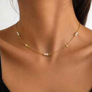 Collar de cadena de oro con cruz y perlas, dos dijes de cruz, pares de perlas, inspirado en la fe, ajustable, joyería diaria para mujer - Product Image 4