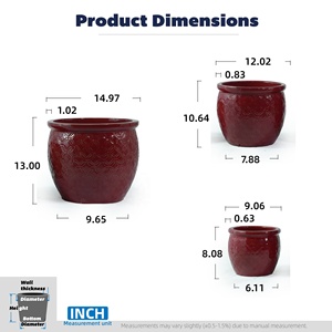Juego de Tres Macetas de Cerámica Hechas a Mano, Disponibles en Stock, a Bajo Precio, de 15, 12 y 10 Pulgadas de Profundidad, Color Rojo Intenso con Relieve Floral, para Orquídeas - Product Image 3