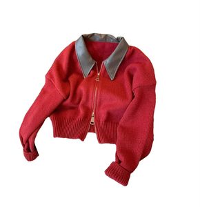 <span class=keywords><strong>Cardigan</strong></span> <span class=keywords><strong>beige</strong></span> da <span class=keywords><strong>donna</strong></span> in maglia con colletto a revers in pelle e doppia cerniera frontale - Abbigliamento casual a strati contemporaneo - Product Image 5