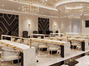 Mesa de manicura de uñas triple clásica dorada diseño largo completo personalizado Escritorio de uñas estilo moderno con ventilador - Product Image 4