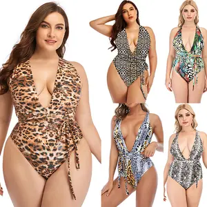 Nuovi costumi da bagno economici Plus Size costumi da bagno interi con stampa leopardata donna Sexy Snake Cross Bikini Deep V Backless Large costume da bagno