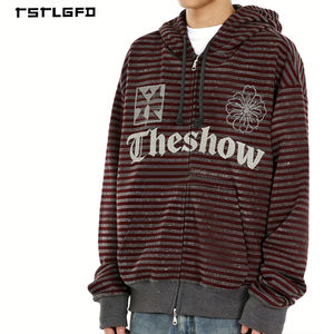 Sudadera con Capucha Estilo Punk, Invierno, Estampado Vintage, Bordada, con Cierre, Rayas Horizontales, Hombros Caídos, Gris Carbón, 100% Algodón Orgánico - Product Image 2