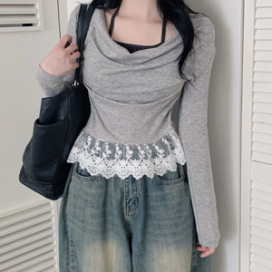 Camiseta de manga larga INS para mujer, estilo minimalista con bloques de color, cuello halter, efecto de capas, ribete de encaje y ajuste ceñido. - Product Image 2