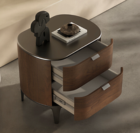 Mesa de Noche de Madera Maciza Moderna y Minimalista con Dos Cajones, Mesa Auxiliar Ajustable de Cuero para Dormitorio