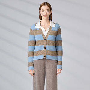 Fabricant de tricots, vêtements de créateurs sur mesure de haute qualité, pull d'hiver à col en V pour femme, cardigan rayé, pull pour femme - Product Image 3