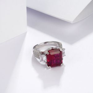 925 Sterling <b>Silver</b> <b>Emerald</b> Cut Lab Grown Ruby <b>Ring</b> with Side Moissanite Diamonds Luxury Engagement <b>Ring</b> for Women - Product Image 3