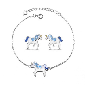 Bijoux cheval <span class=keywords><strong>bleu</strong></span> ornement, <span class=keywords><strong>ensemble</strong></span> de boucles d'oreilles, argent véritable 925, Bracelet licorne, pour adolescents - Product Image 1