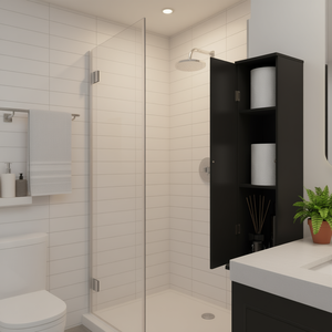 Petite armoire d'angle noire pour salle de bain avec portes et étagères pour le rangement du papier toilette et du shampoing - Product Image 2