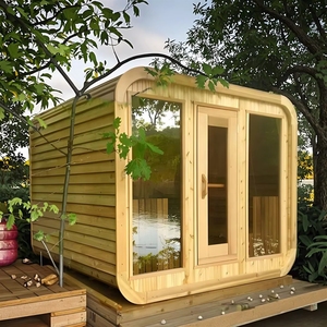 Sauna extérieur moderne en pierre pour 2 à 6 personnes, de forme carrée, avec fonction vapeur, en cèdre rouge et en hemlock. - Product Image 3