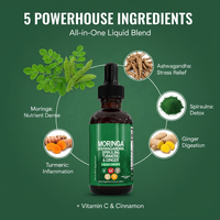 Gouttes liquides de Moringa, Ashwagandha, Curcuma, Gingembre, Spiruline – Complément pour la santé intestinale, le soutien immunitaire, la détoxification, l'énergie et les antioxydants – Pour adultes
